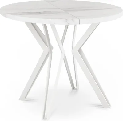 Produktbild von Runder Tisch für das Esszimmer - 100 oder 120 cm Durchmesser - Ausziehbarer Tisch in Weißenr Marmoroptik mit Pulverbeschichteten Weißen Metallbeinen - Industriestil - 100 cm - Marmor Weiß