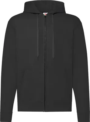 A plain black zip-up hoodie is shown from the front against a white background.