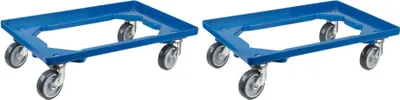 Produktbild von SparSet 2x Transportroller für Euroboxen 60x40cm mit Gummiräder blau | Offenes Deck | 2 Lenkrollen & 2 Bremsrollen | Traglast 300kg | Kistenroller Logistikroller Rollwagen Profi-Fahrgestell