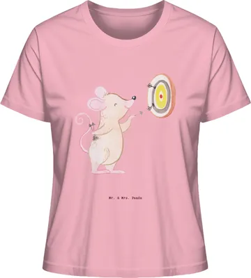 Produktbild von Mr. & Mrs. Panda Damen Basic T-Shirt Maus Dart spielen Größe L - Baumwolle Pink - Geschenk, Oberteil, Turnier, Shirt Mit Print, Baumwoll, Darts, Darten, Kurzarmshirt