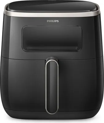 A front view of a black Philips air fryer on a white background.