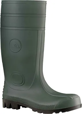 A single green rubber boot on a white background.
