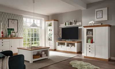 Produktbild von Landhaus Wohnwand Set mit Couchtisch & Sideboard LINARES-61 Pinie weiß / Wotan Eiche, B/H/T ca.: 366/204/52cm