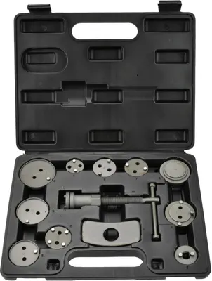 A black plastic case containing a set of brake piston rewind tools.