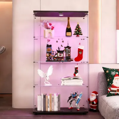Produktbild von INONEFT Glasvitrine mit LED-Beleuchtung, Standvitrine Doppeltüren, Schwarz Boden, gehärtetes Glas, Vitrinenschrank für Wohnzimmer, Schlafzimmer