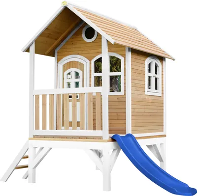 Produktbild von AXI Spielhaus Tom mit blauer Rutsche | Stelzenhaus in Braun & Weiß aus Holz für Kinder | Spielturm für den Garten
