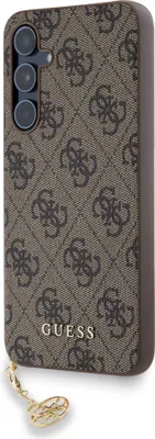 A close-up of a phone case with a repeating logo pattern and a gold charm.