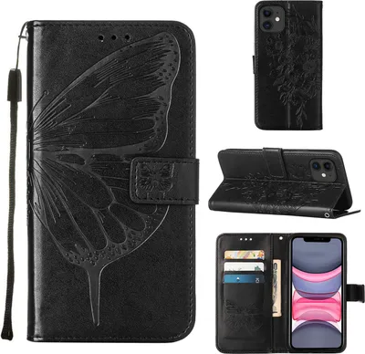 Produktbild von iPhone 11 Hülle, Schmetterling Prägung Flip Leder Kartenfächer Schutzhülle Ledertasche mit Ständer für iPhone 11 Schwarz