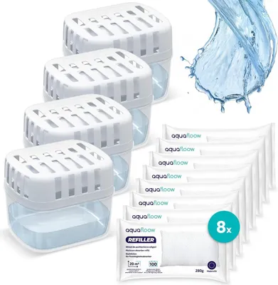 A product image showing multiple dehumidifier units and refill packs, with a water splash graphic.