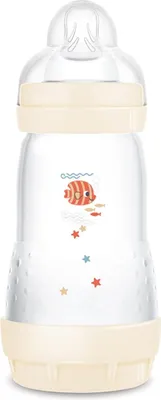Produktbild von MAM Easy Start Anti-Colic Babyflasche (260 ml), besonders gut akzeptierte Milchflasche, Baby Trinkflasche mit Bodenventil gegen Koliken & Sauger Größe 1, 0+ Monate, Fisch/beige/zartrosa