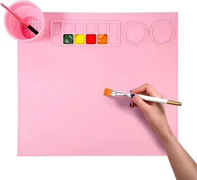 Produktbild von Silikon-Bastelmatte, Kinder-Silikon-Kunstmatte mit faltbarem Becher- und Pinselhalter, Farbtrenner, wiederverwendbar - ARTMAT Rosa