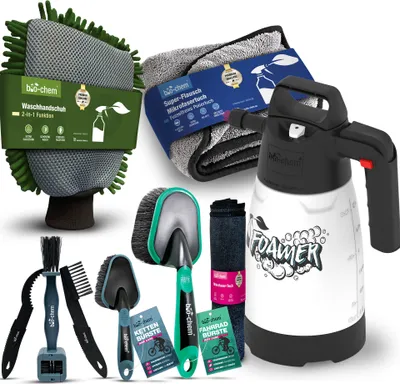 Produktbild von bio-chem Fahrrad Reinigungszubehör-Set 9-teilig | Schaumsprüher, Bürsten-Set für Kette & Rahmen – Reinigungsbürste, Kettenbürste, Mikrofasertuch – Fahrradpflege Zubehör für Rennrad MTB E-Bike