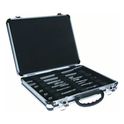 An open tool case with drill bits and chisels inside.