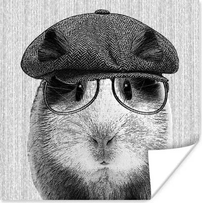 Produktbild von MuchoWow® Poster Meerschweinchen - Baskenmütze - Brille - Hipster 50x50 cm - Wohnzimmerdekoration