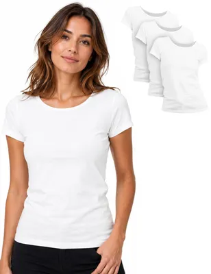 Produktbild von Basic Treasure 3er Pack Tshirt Damen Weiß, Kurzarm, 100% Baumwolle, M