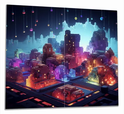 Produktbild von Wallario Herdabdeckplatte aus Glas, Größe 60 x 52 cm 2-teilig, Motiv Leuchtende Pixelstadt