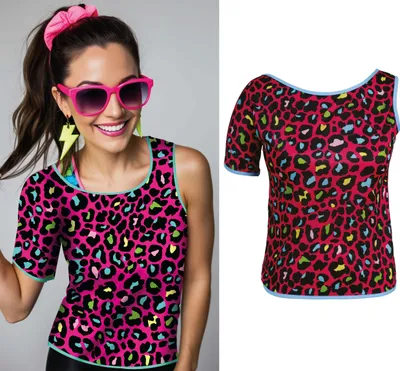 Zdjęcie produktu dla Disco Wild Leopard Style 80s Party Fashion Carnival Shirt T-Shirt Kostium Retro Print Look Vintage Pattern, Rozmiar: 42 - 44 (L) Kolor: Wielokolorowy