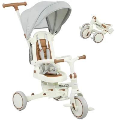 Image de Tricycle AIYAPLAY 5 en 1 avec barre de poussée pour les 1 à 3 ans, avec siège réversible, couleur crème