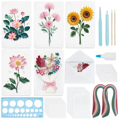 Productafbeelding van Papierquilling-set - 20 sets met 5 verschillende bloemmotieven voor wenskaarten - Inclusief gereedschap en instructies