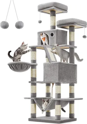 Image de Feandrea Arbre à chat Large 168 cm de haut L Arbre à chat avec 13 griffoirs, 2 plates-formes, 2 tanières, panier, hamac, boules en peluche