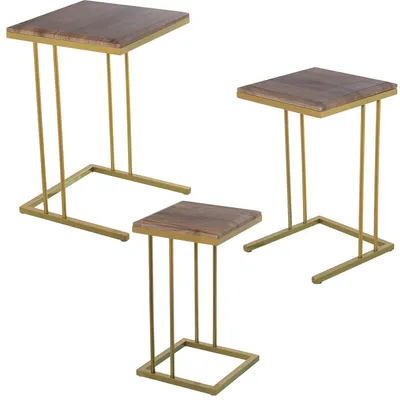 3er-Set Beistelltische, Metall/Holz, Gold/Eiche, 40x40x60 cm