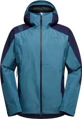 Hardshelljacke "Crossridge Evo Shell Jkt M" von La Sportiva in Blau und Dunkelblau; mit Kapuze und Reißverschluss.