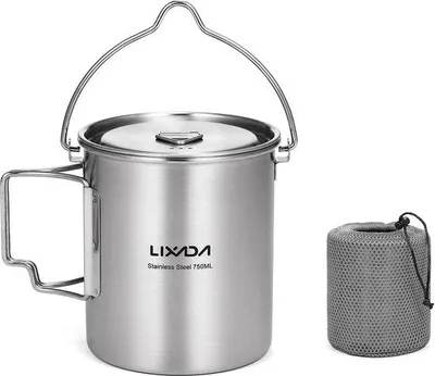Produktbild von Famanu Campingbecher aus Edelstahl mit faltbarem Griff und Deckel - 750 ml