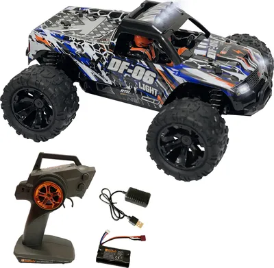 A remote-controlled truck and its accessories are displayed on a white background.