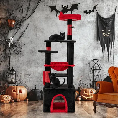 Produktbild von COSTWAY Kratzbaum 133cm hoch, gotische Katzenbaum Halloween mit Höhle, Plattformen, Hängematte, Kratzsäulen & Spinnenspielzeug Schwarz Rot