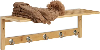 Zdjęcie produktu dla Półka ścienna Relaxdays z listwą na wieszaki, bambus, wys. x szer. x gł.: 18 x 62 x 16 cm, wieszak na ręczniki łazienkowe, wieszak do przedpokoju, 5 wieszaków, kolor naturalny