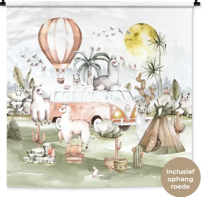 Produktbild von MuchoWow® Wandteppich Wandbehang Alpaka - Tiere - Kinder - Heißluftballon - Kinder 150x150 cm Tapisserie Dekoration Wandtuch - Wohnaccessoires - Modernes