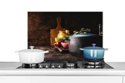 Produktbild von KitchenYeah®  Spritzschutz Küche - Küchenrückwand - Wandschutz für Herd und Spüle - Rustikal - Stilleben - Pfanne - Gemüse 60x40 - Alu-Dibond (Alternative zum Spritzschutz aus Glas) - Hitzebeständig -