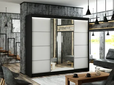 Produktbild von Kleiderschrank Padwa 250 cm inklusive 3 Schiebetüren mit Spiegel Kleiderstange Garderobe Schrank Lieferung bis in die Wohnung (Farbe: schwarz und weiße Front)