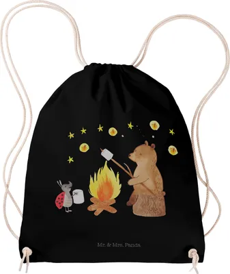 Produktbild von Mr. & Mrs. Panda gym tasche Bär & Marienkäfer Lagerfeuer - Schwarz - Geschenk, Kleiner Rucksack, wander, Turnbeutel, stoff, Teddy, Jutebeutel, sporttasche klein