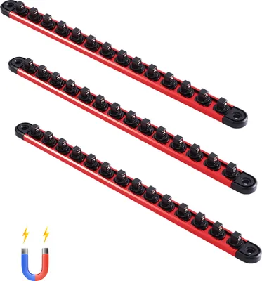 Produktbild von SucceBuy Steckschlüssel-Schienensatz, 3-teilig, metrische und SAE-Aluminiumhalter, 1/4 Zoll, 3/8 Zoll und 1/2 Zoll mit um 360° drehbaren Clips, für 40 Stecknüsse, Rot und Schwarz