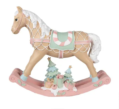 Zdjęcie produktu dla Clayre & Eef Dekoracja świąteczna Figurka Koń na biegunach 41x10x37 cm Beżowy Różowy Plastik