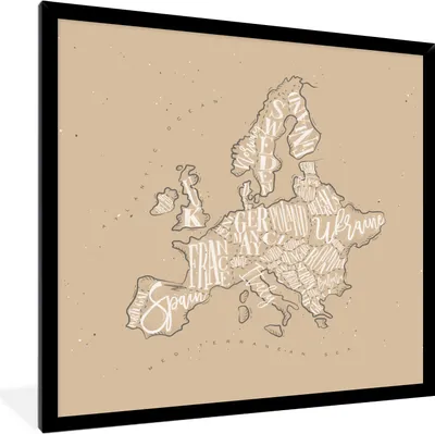 Produktbild von MuchoWow® MuchoWow® Gerahmtes Poster Karte - Europa - Weiß - Braun 40x40 cm - Poster mit zchwarzem Bilderrahmen - Mit Rahmen - Wanddekoration Schlafzimmer