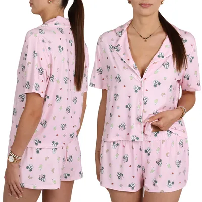 Produktbild von DISNEY Minnie Mouse rosafarbener Damenpyjama mit Knöpfen, zweiteiliger Sommerpyjama mit kurzen Ärmeln XXL