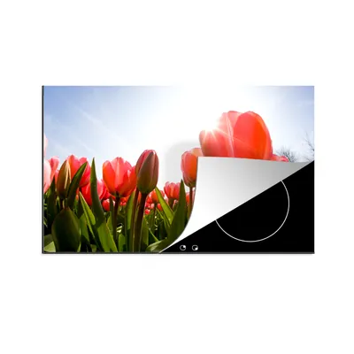 Produktbild von KitchenYeah© Herdabdeckplatte Blumen - Tulpen - Sonne , 81x52cm, Küche Deko, Glaskeramikkochfeld Herdabdeckung, Abdeckplatte fùr Kochfeld