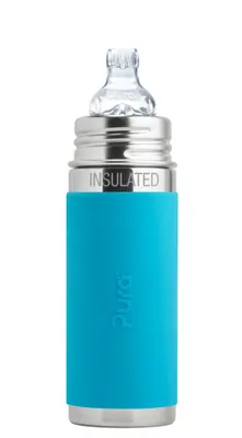 Produktbild von Pura Kiki Babyflasche mit Trinklern Aufsatz Isolierflasche, Edelstahl mit Silikonhülle Sleeve, 250 ml, plastikfrei Aqua