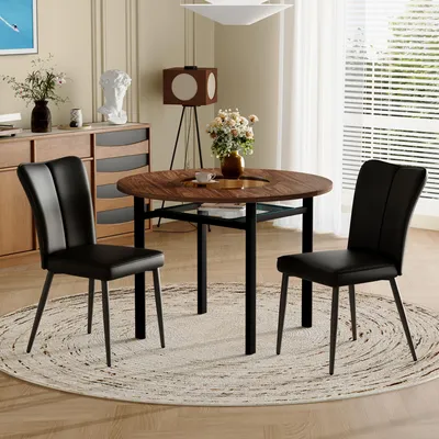 Produktbild von Tisch-Stuhl-Set, 100 cm runder Esstisch + 2 schwarze PolyurethanStühle, braun-schwarze Beine, minimalistisch