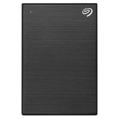 A black external hard drive with a brushed metal finish and a Seagate logo.