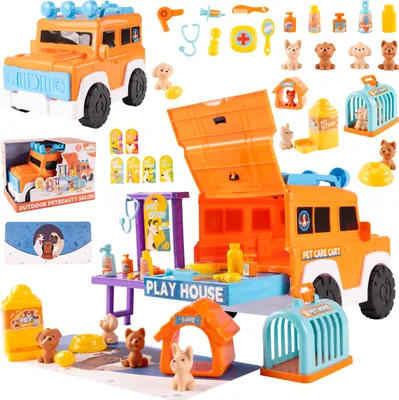 Produktbild von Malplay Hundeschönheitssalon Spielzeug Friseur Orange Auto Groomer Arzt 33 Zubehör Puppy
