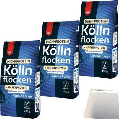 Produktbild von Kölln High Protein Köllnflocken Vanille 3er Pack (3x450g Beutel) + usy Block