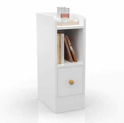 Immagine prodotto di Tavolino da notte stretto, bianco, dimensioni 31,5x20x58 cm, con 1 cassetto e ripiani aperti