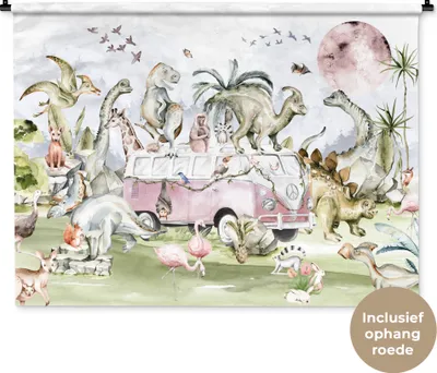 Produktbild von MuchoWow® Wandteppich Wandbehang Dinosaurier - Kinder - Bus - Bäume - Tiere - Kinder 150x112 cm Tapisserie Dekoration Wandtuch - Wanddecke - Wandteppiche