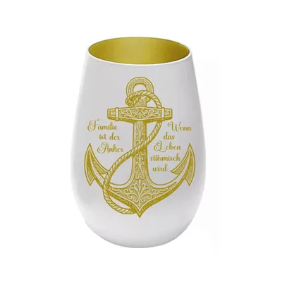 Produktbild von Stölzle Lausitz Windlicht aus Glas weiß gold mit Lasergravur „ Familie ist der Anker...“, persönliches Geschenk für Freunde, Familie und Partner