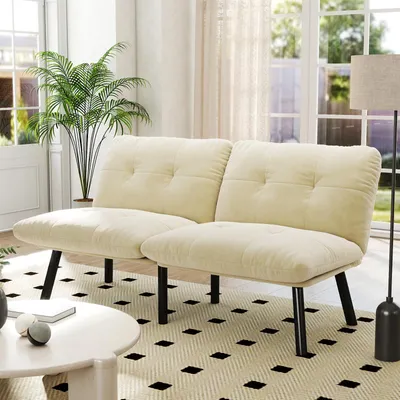 Produktbild von okwish 2-Sitzer-Sofa mit Klappfunktion, Sofastuhl mit Schlaffunktion, armlehnenloses, schlichtes Design,Creme