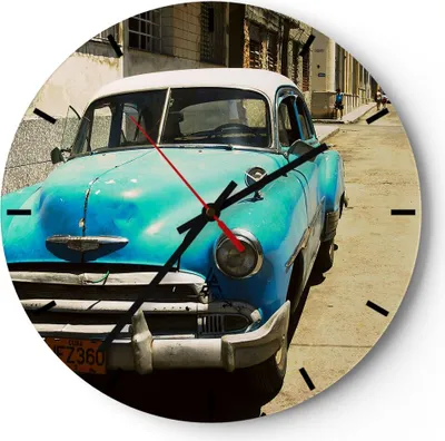 Produktbild von Wanduhr - Rund - Glasuhr - Auto Klassiker Kuba Havanna - 40x40cm - Schleichendes Uhrwerk - Lautlos - zum Aufhängen bereit - Dekoration Modern - Wanddekoration aus Glas - C3AR40x40-1401