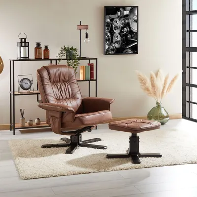 Produktbild von Relaxsessel CHARLY mit Hocker drehbar neigungsverstellbar lederoptik  [Max. Belastbarkeit 100 kg] für Wohnzimmer, TV-Sessel Fernsehsessel mit Liegefunktion Polstersessel und Hocker